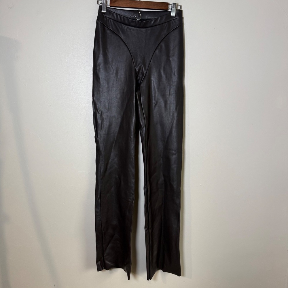 Skims Faux Leather V-Waist Espresso Brown Straight Leg Pants Size Medium